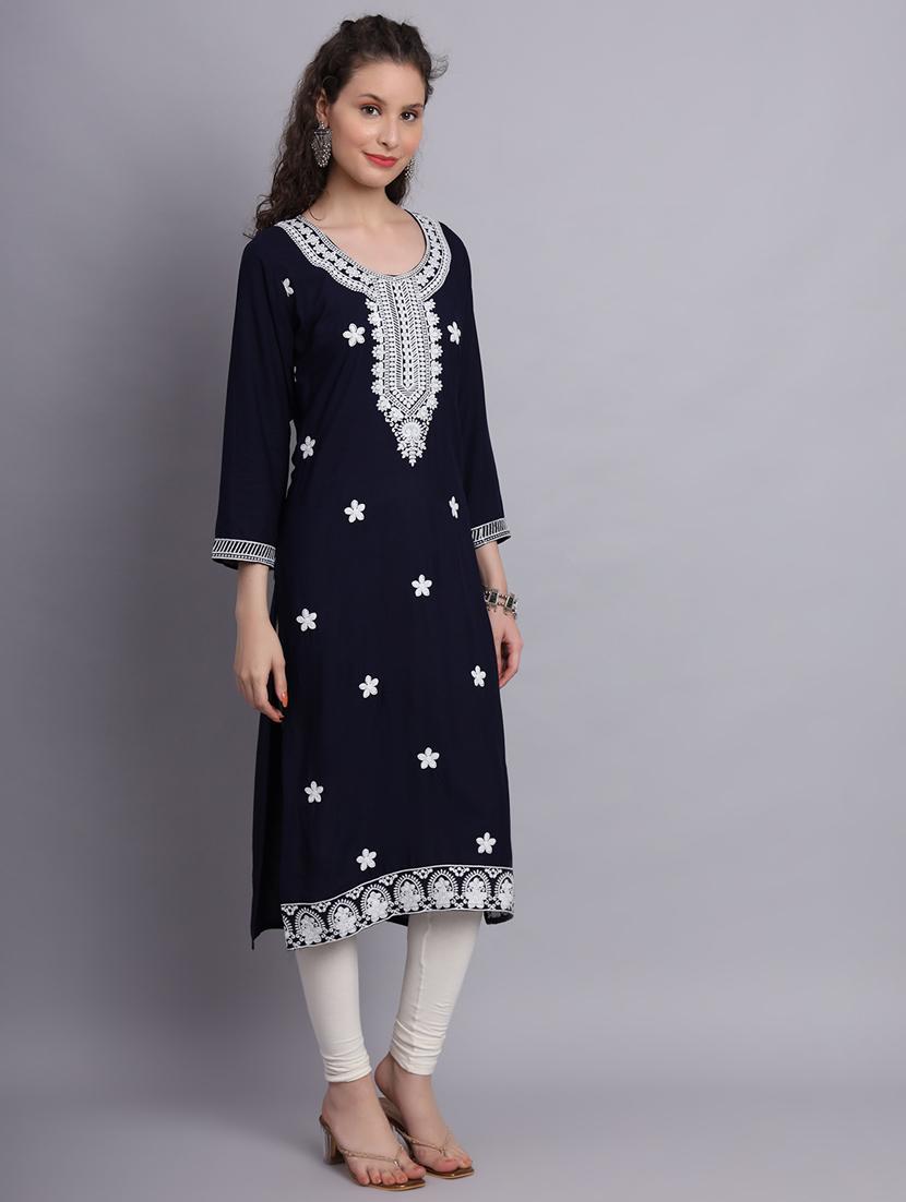 women navy blue chikankari work straight kurta - 20239546 - Standard Image - 2
