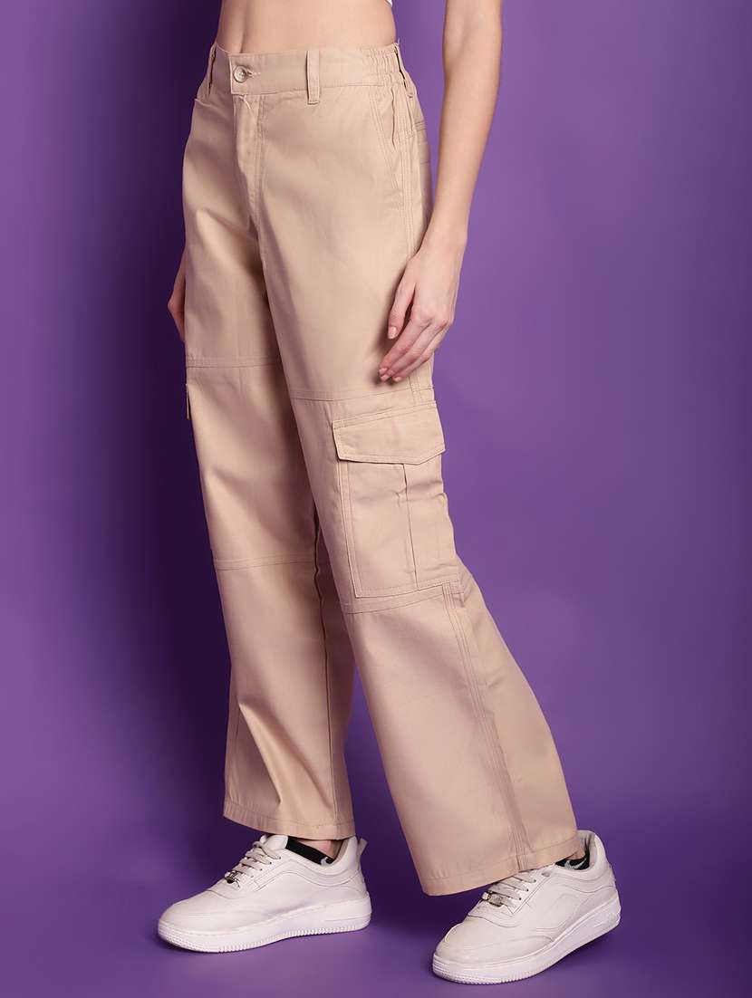 beige solid high rise cargo trouser - 20240144 -  Standard Image - 2