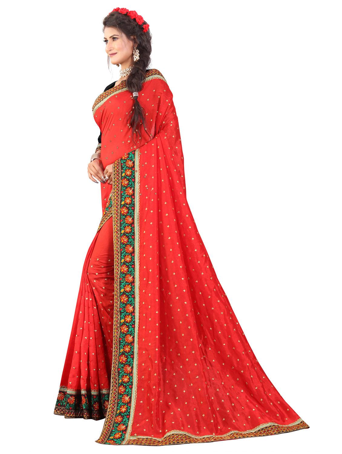 red solid bordered saree with blouse - 20240434 - Standard Image - 2