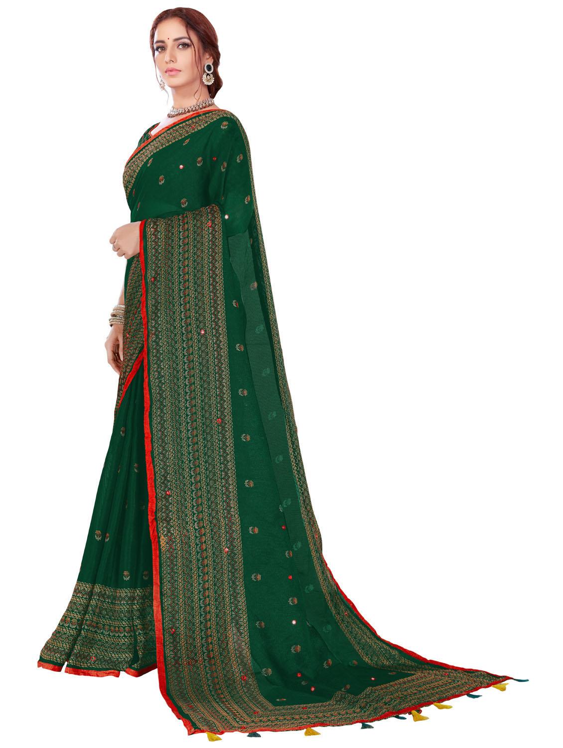 dark green floral printed saree with blouse - 20240482 - Standard Image - 2