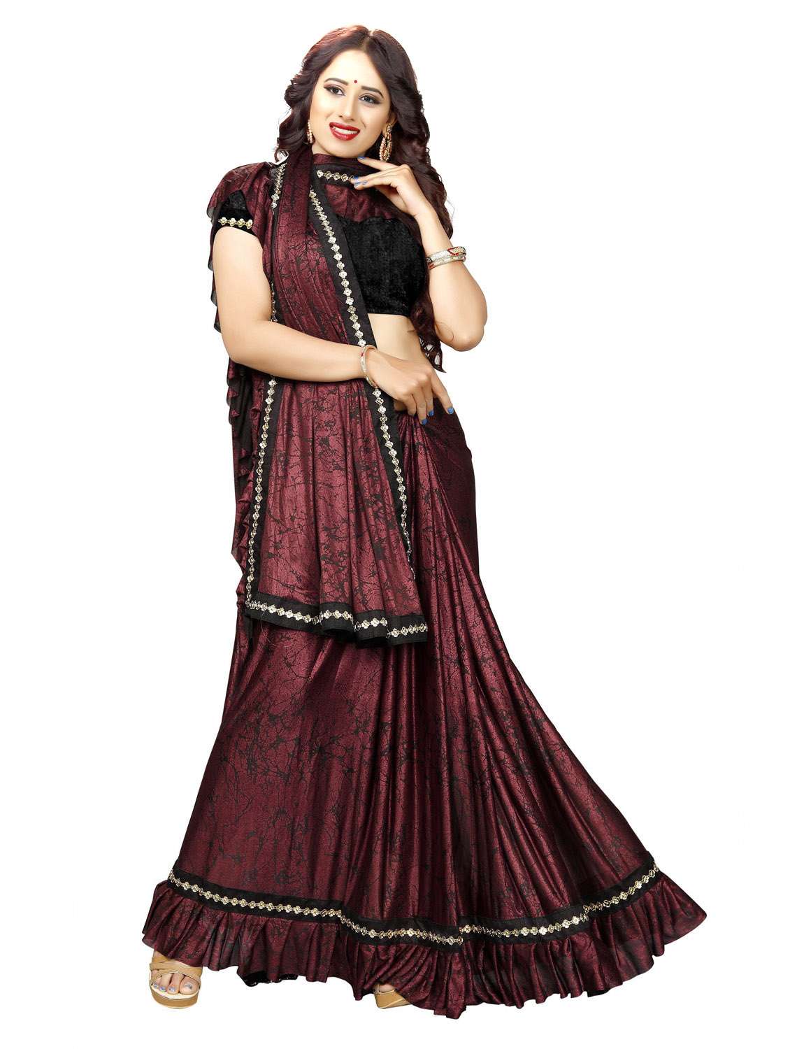 burgundy colored ruffle  saree with blouse - 20240530 -  Standard Image - 2