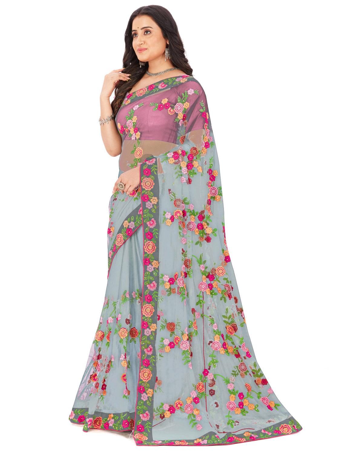 grey colored embroidered saree with blouse - 20240549 - Standard Image - 2