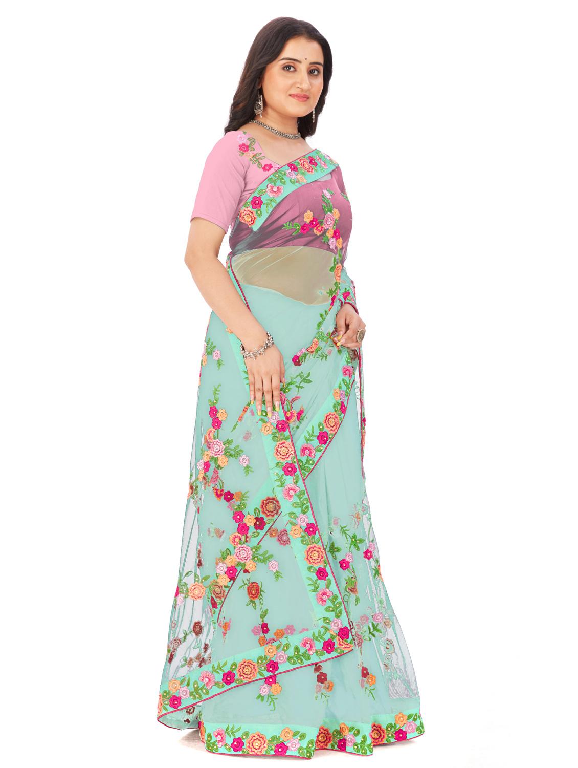 light blue floral embroidered saree with blouse - 20240550 - Standard Image - 2