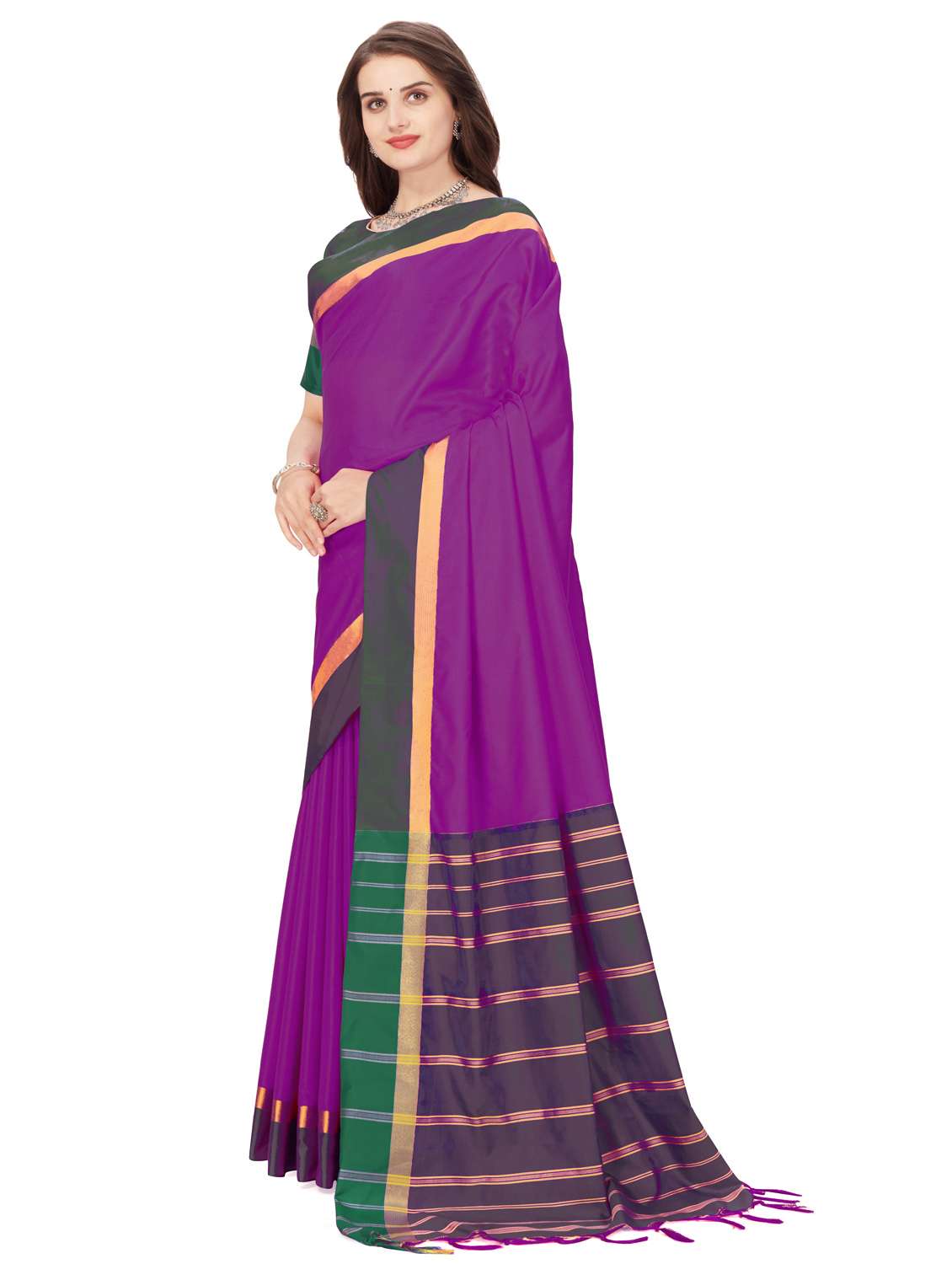 purple stripes plain saree with blouse - 20240556 -  Standard Image - 2