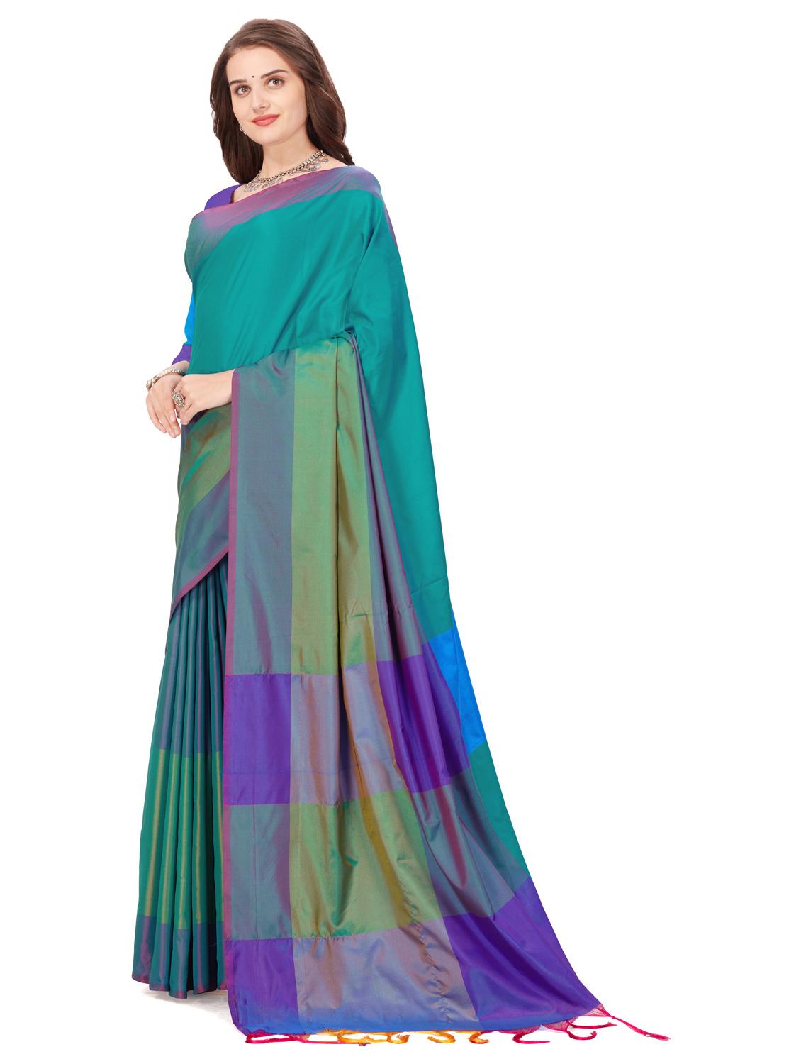 green stripes cotton silk saree with blouse - 20240563 - Standard Image - 2