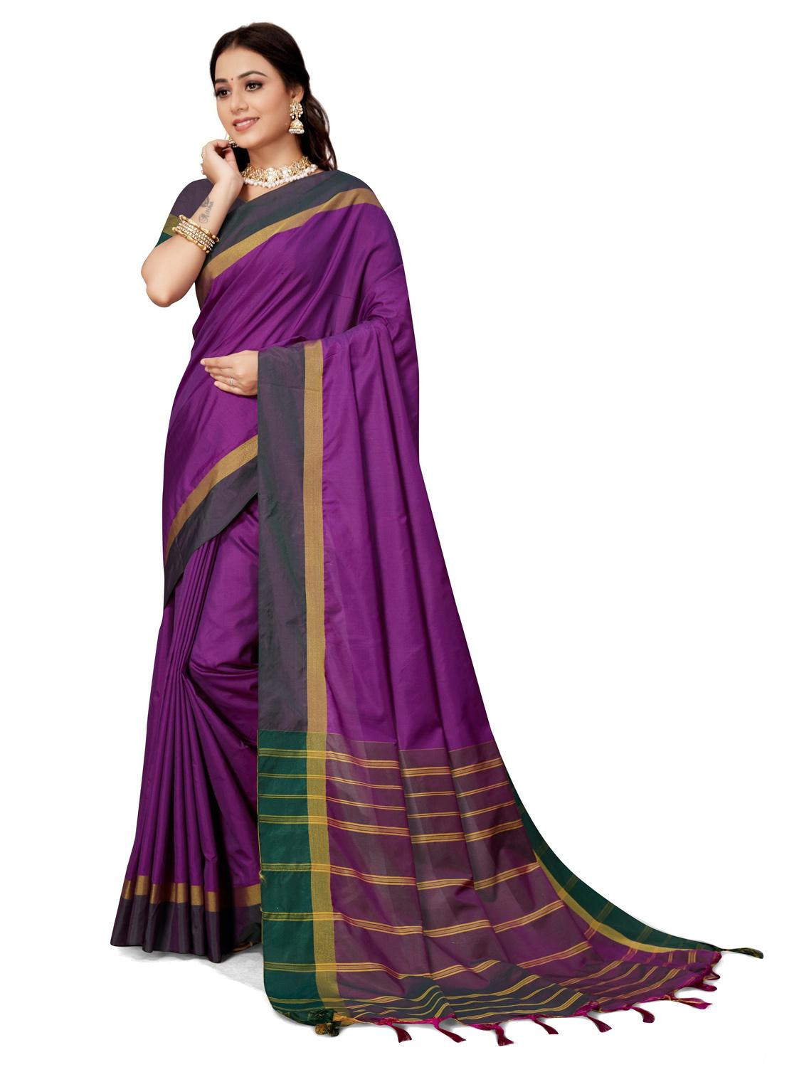 women purple solid cotton blend saree with blouse - 20240569 - Standard Image - 2