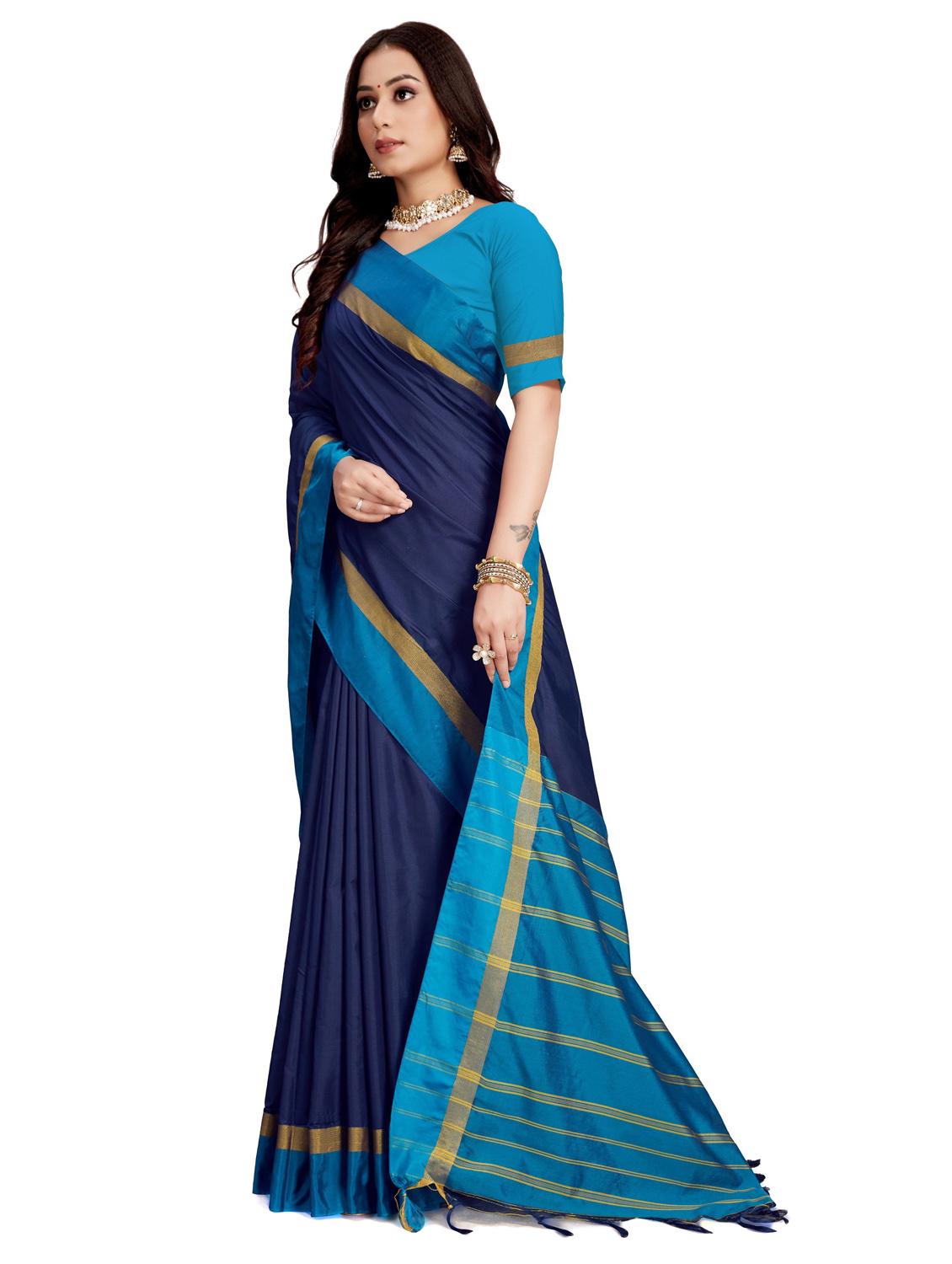 dark blue solid cotton blend saree - 20240571 - Standard Image - 2
