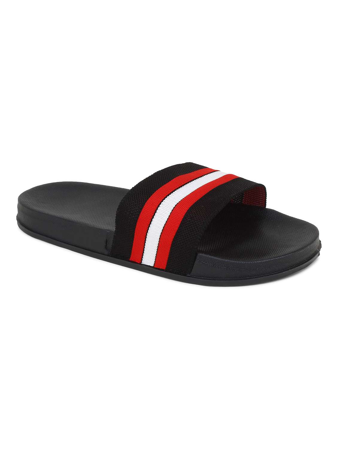 black synthetic slip on flip flops