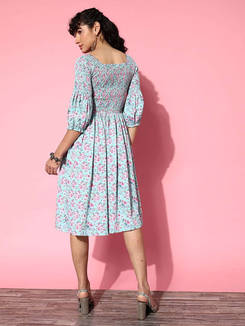 women light blue florals printed flared dress - 20242955 -  Standard Image - 2
