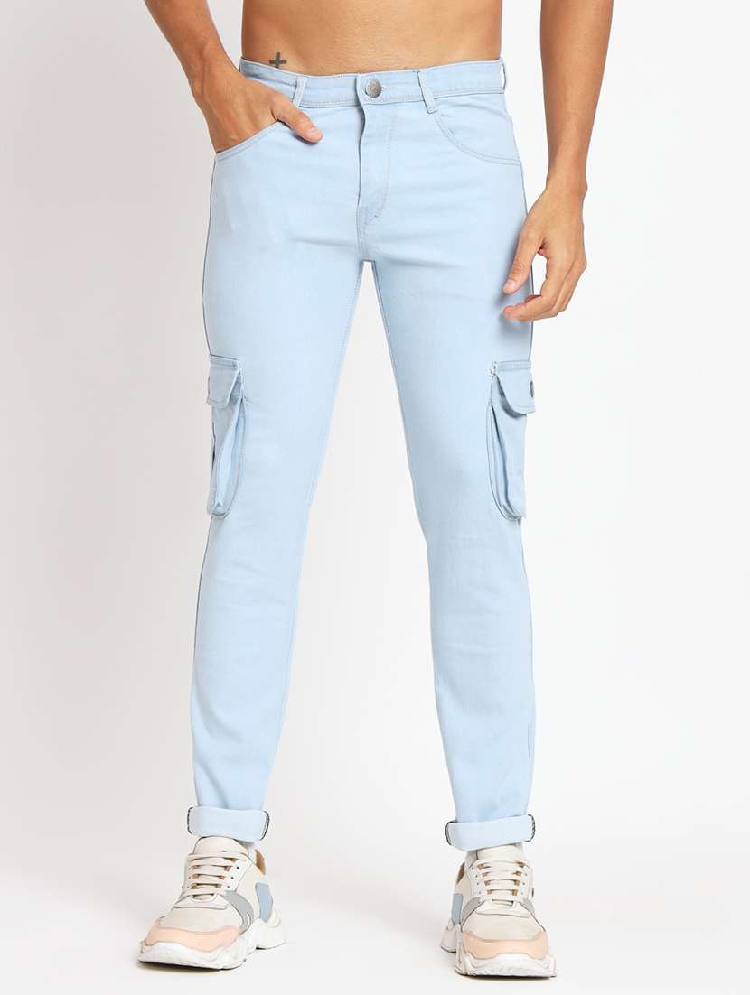 men solid light blue cargo jeans