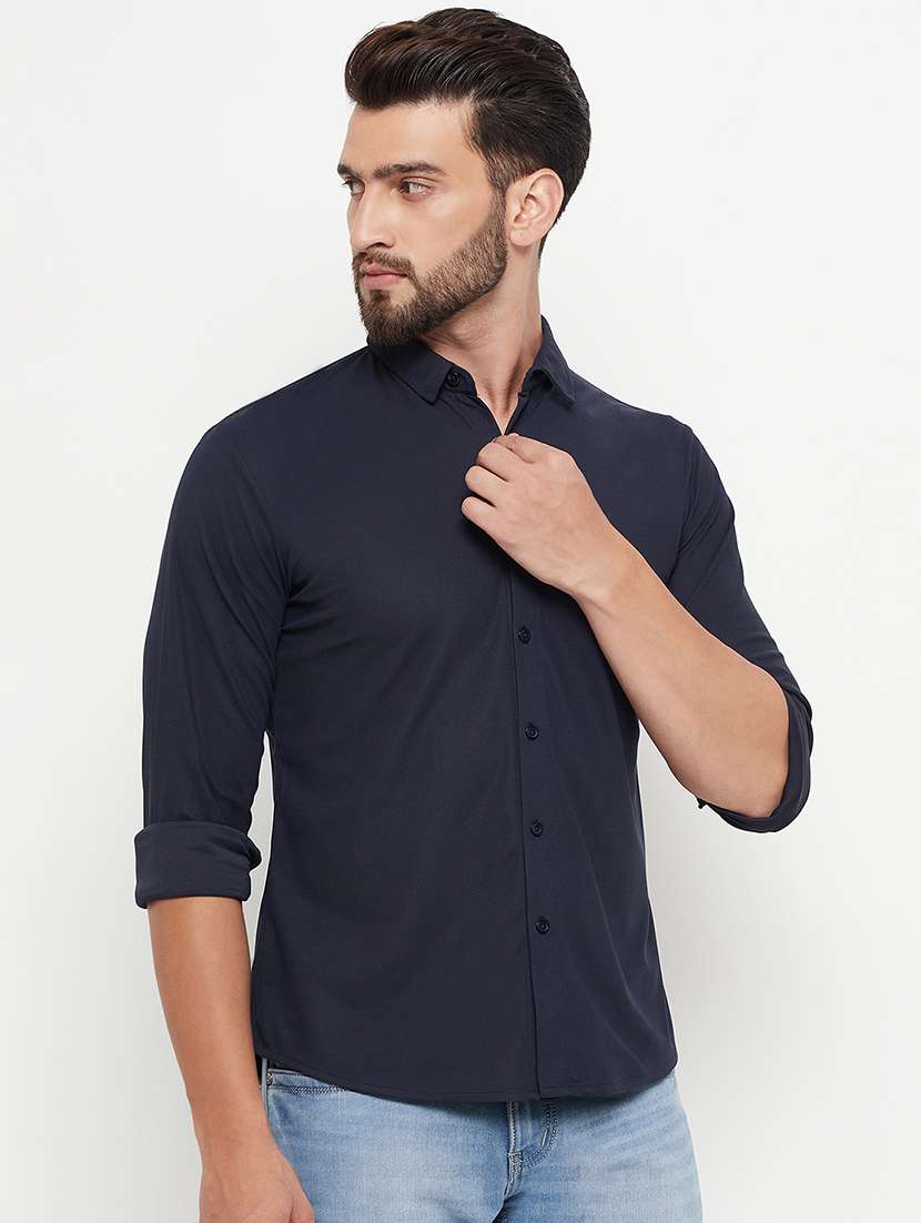 men navy blue cotton blend regular shirt