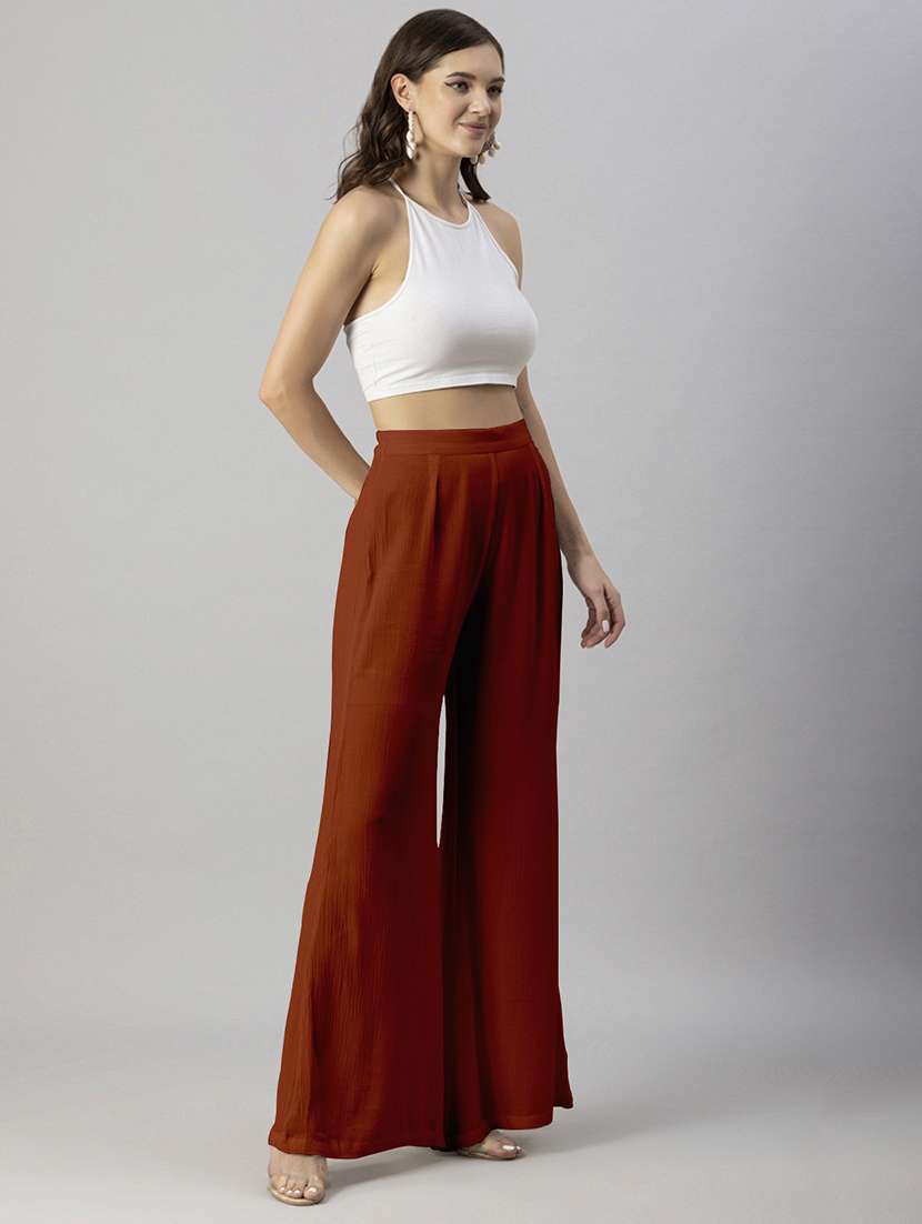 women solid high rise wide leg trouser - 20245411 - Standard Image - 2