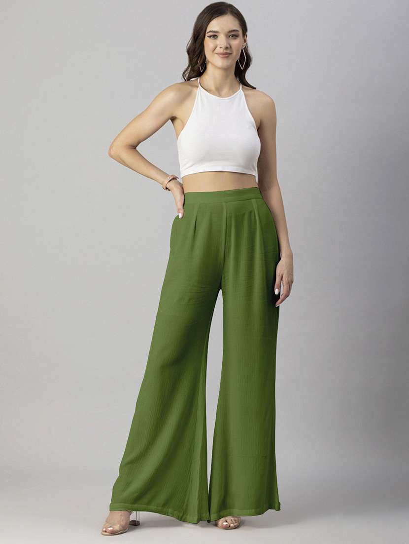 women solid high rise wide leg trouser