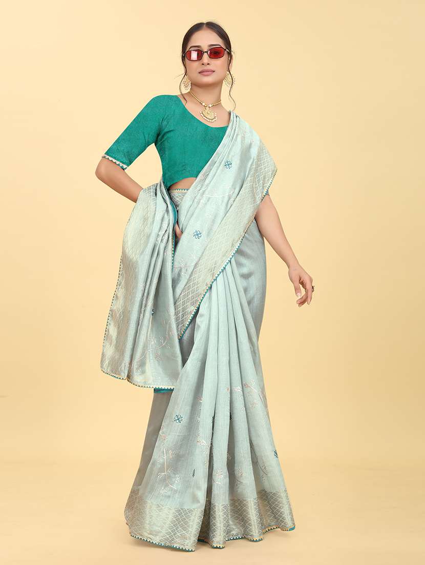 light blue embroidered saree with blouse - 20245417 - Standard Image - 2
