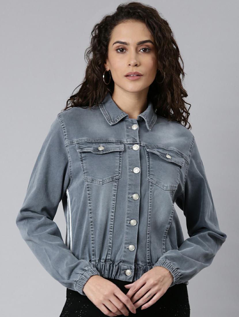 grey solid long sleeves denim jacket - 20249112 -  Zoom Image - 0