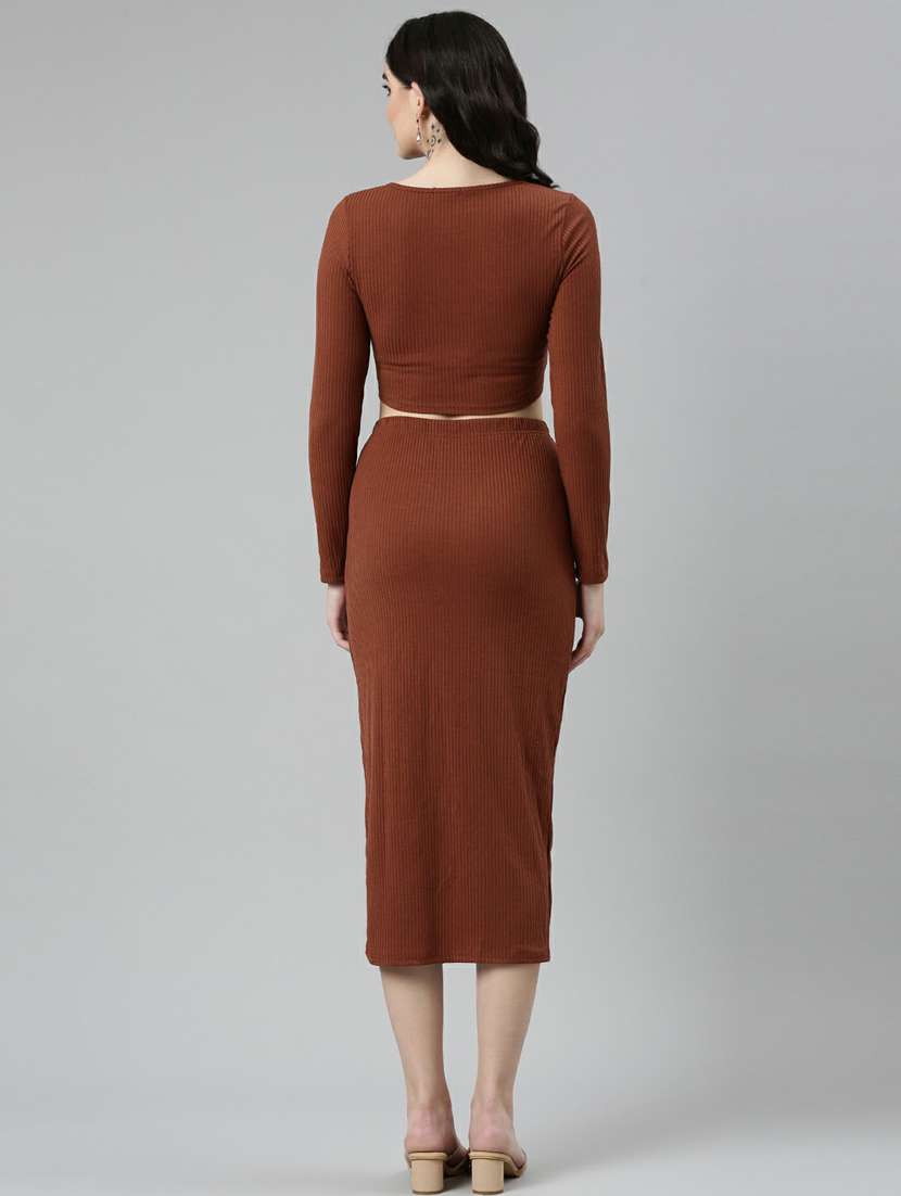 brown solid top and skirt co-ord set - 20249123 -  Standard Image - 2