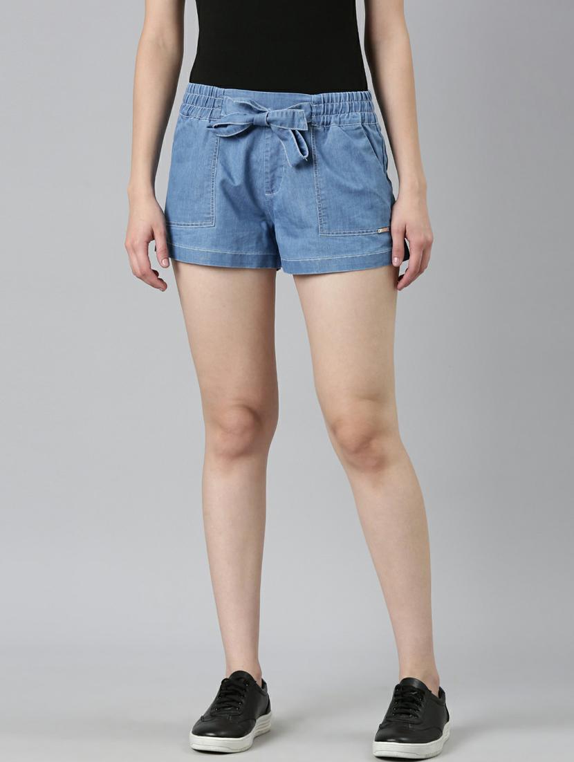 blue solid regular fit denim short - 20249276 - Zoom Image - 0