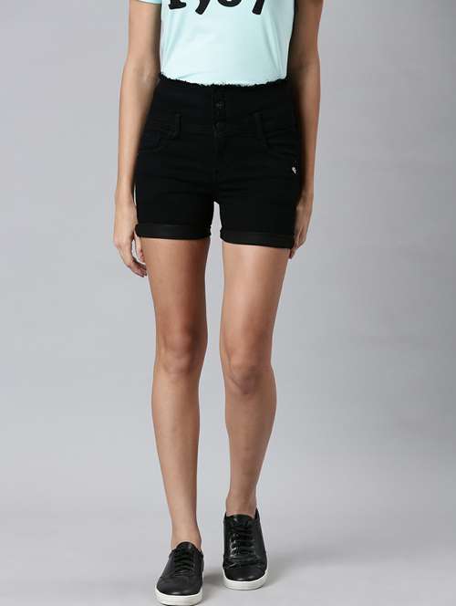 black solid mini denim shorts - 20249283 - Standard Image - 0