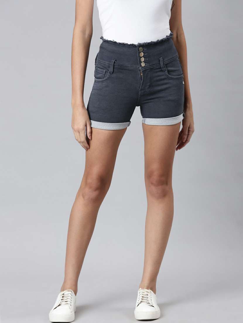 grey s olid slim fit denim shorts - 20249284 - Zoom Image - 0