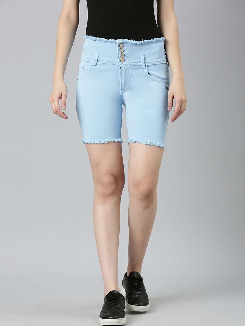 light blue solid slim fit denim shorts 