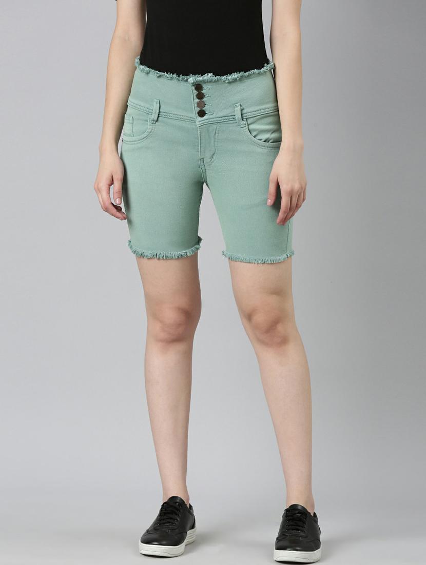 green solid above knee denim shorts - 20249286 - Zoom Image - 0