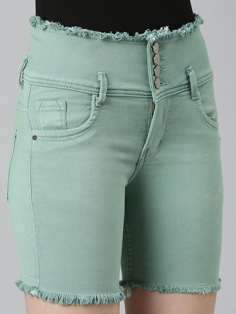 green solid above knee denim shorts - 20249286 - Standard Image - 7