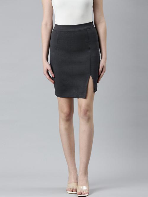 grey solid pencil skirt with side side slit - 20249429 -  Standard Image - 0