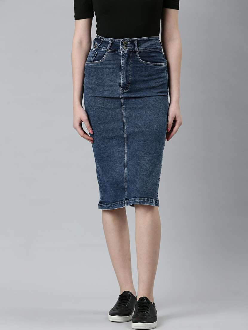blue solid denim pencil skirt with side slit