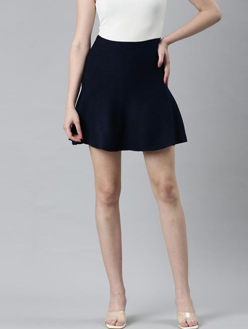 navy blue solid high rise skater skirt - 20249448 - Standard Image - 0