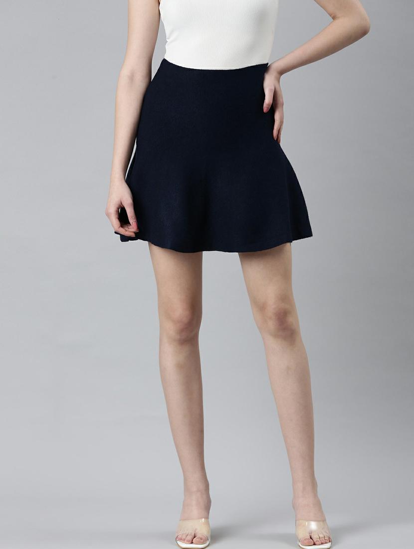 navy blue solid high rise skater skirt - 20249448 - Zoom Image - 0