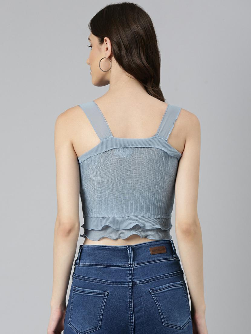blue solid shoulder strap crop top - 20249458 - Standard Image - 2