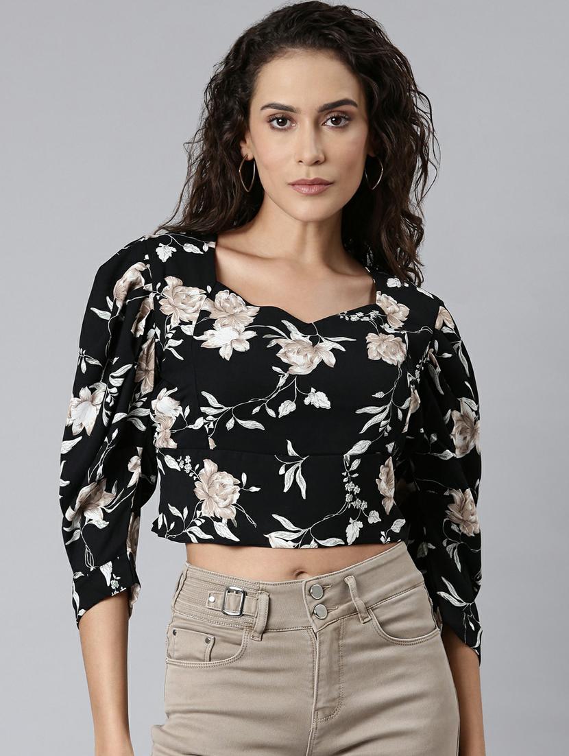 floral print black georgette women's crop top - 20249474 -  Zoom Image - 0