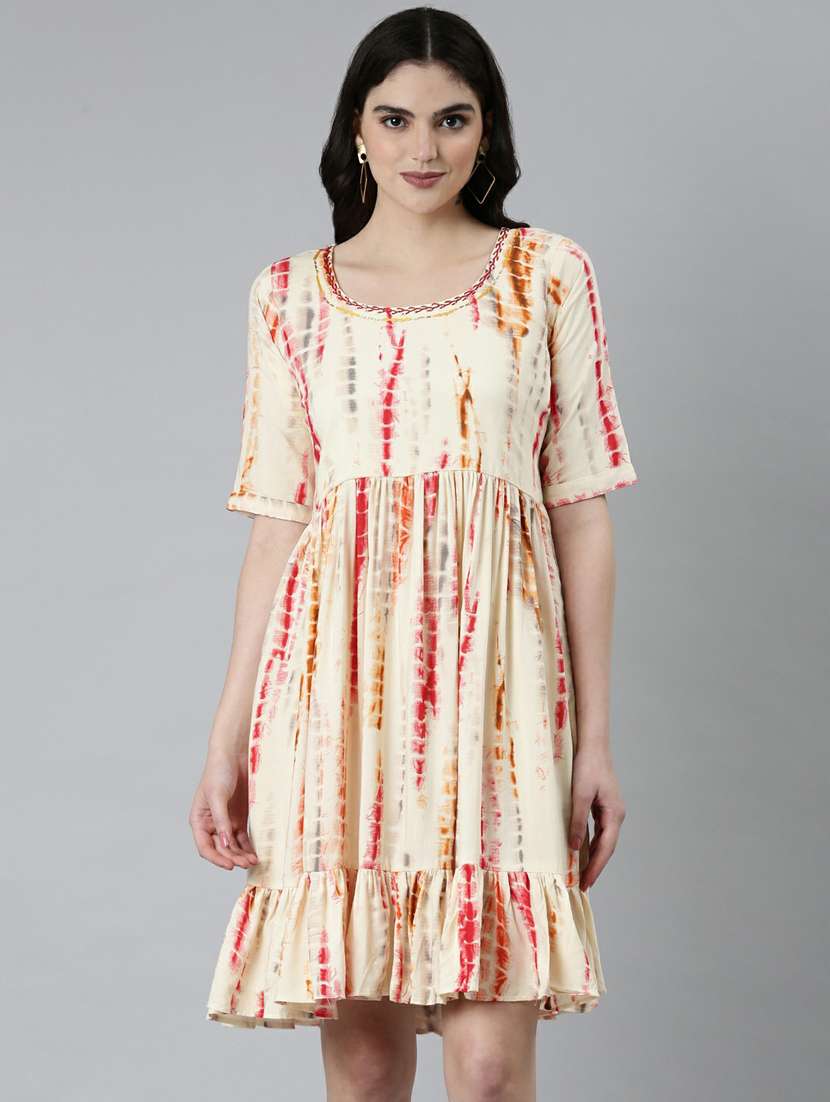 beige tie & dyed fit & flare dress