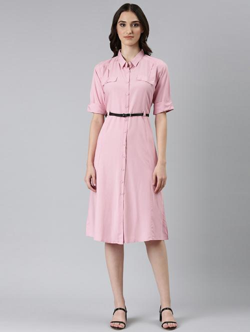 pink solid short sleeves a-line dress with belt - 20249519 - Standard Image - 0