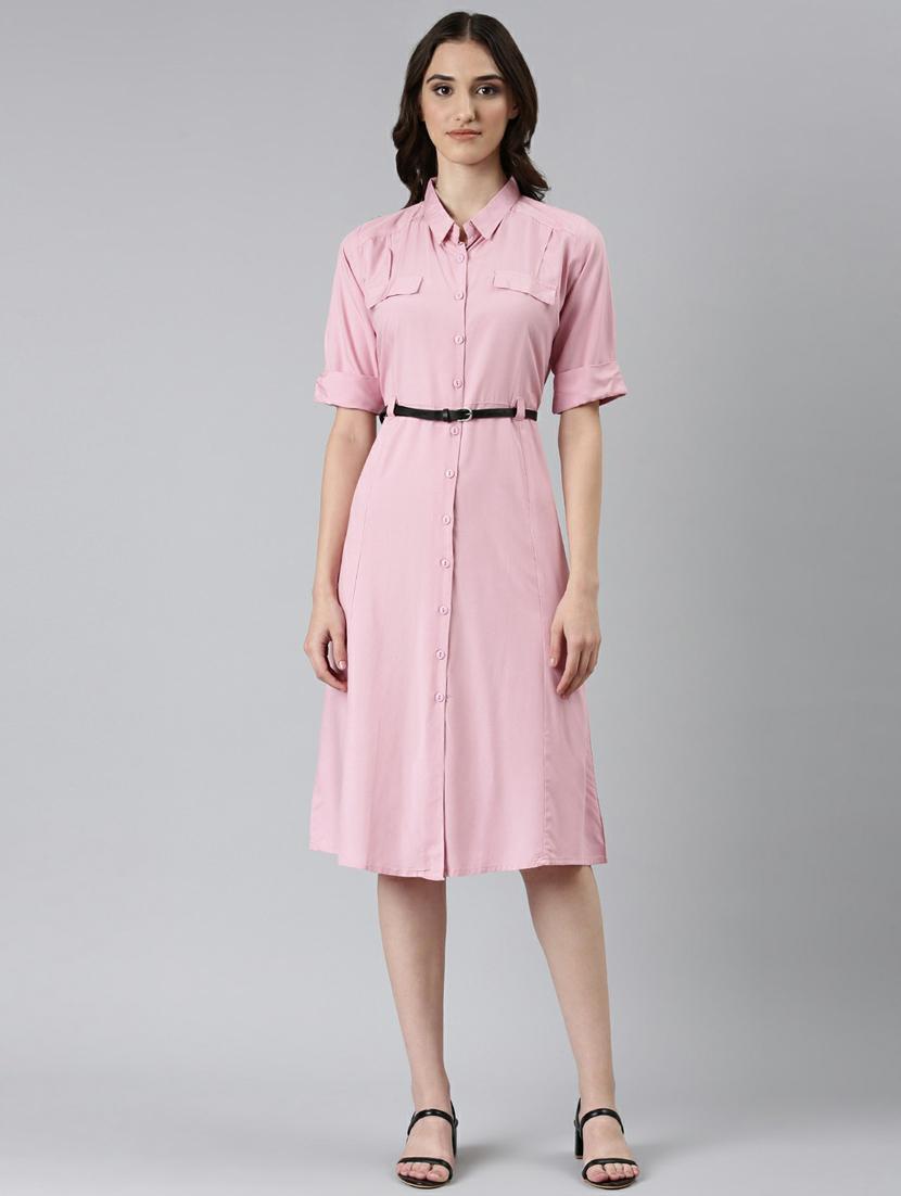 pink solid short sleeves a-line dress with belt - 20249519 - Zoom Image - 0
