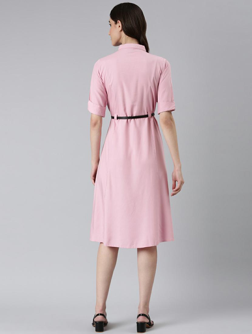 pink solid short sleeves a-line dress with belt - 20249519 - Standard Image - 2