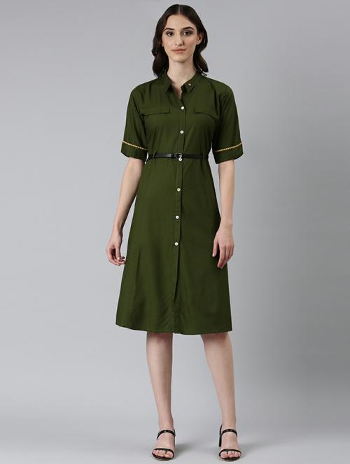 olive solid short sleeves a-line dress with belt - 20249521 - Standard Image - 0
