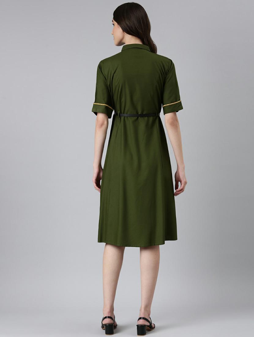 olive solid short sleeves a-line dress with belt - 20249521 - Standard Image - 2