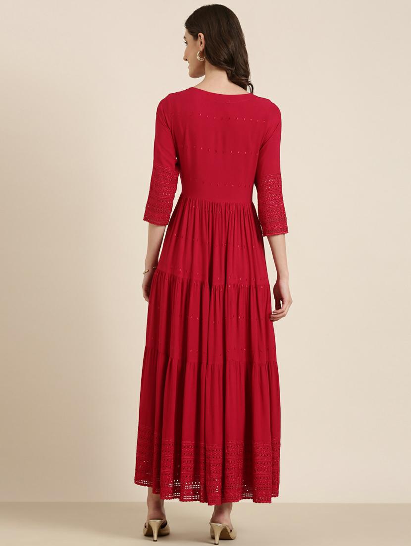 red solid with work tiered ethnic dress - 20249533 - Standard Image - 2