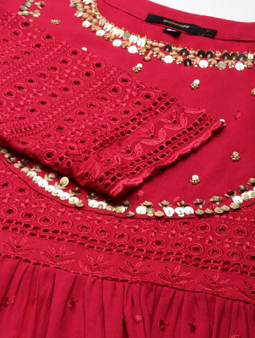 red solid with work tiered ethnic dress - 20249533 - Standard Image - 7