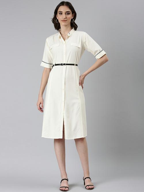 white solid short sleeves a-line dress with belt - 20249540 -  Standard Image - 0