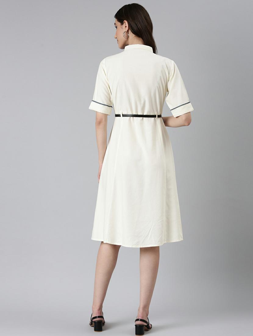 white solid short sleeves a-line dress with belt - 20249540 - Standard Image - 2