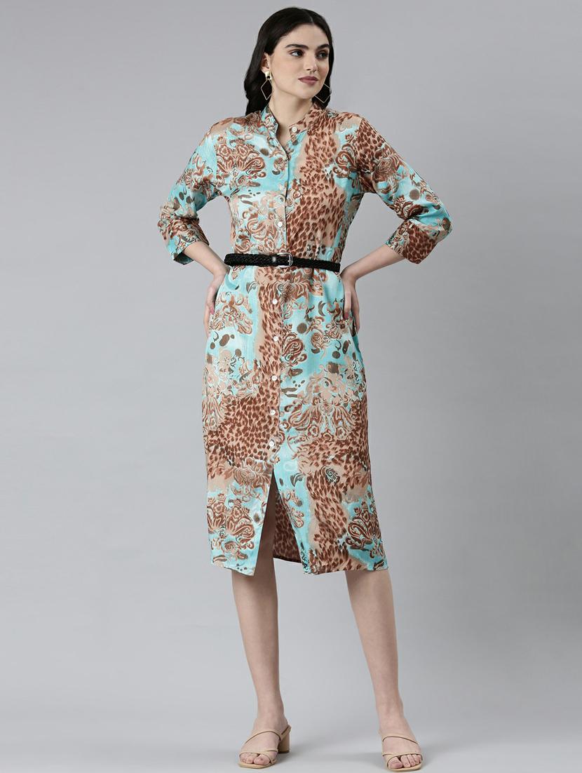 blue printed mandarin neck a-line dress - 20249548 - Zoom Image - 0