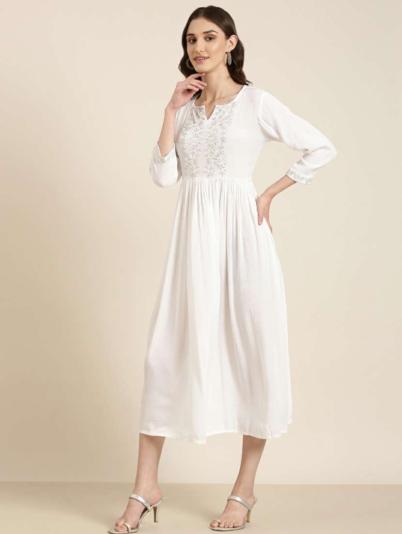 white floral embroidred fit & flare ethnic dress - 20249552 -  Standard Image - 2