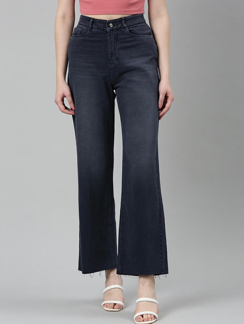 showoff women's high-rise stretchable regular navy blue wide leg jeans