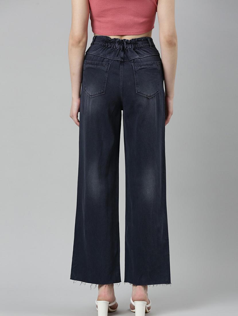 showoff women's high-rise stretchable regular navy blue wide leg jeans - 20249631 - Standard Image - 2