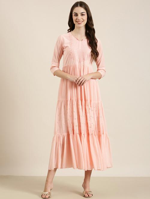peach solid with work tiered ethnic dress - 20249796 -  Standard Image - 0