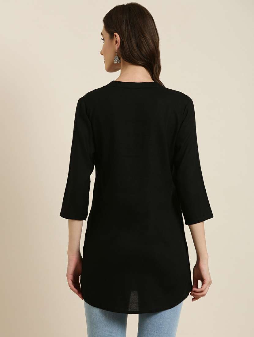 women's mandarin collar solid black straight kurti - 20251198 -  Standard Image - 2