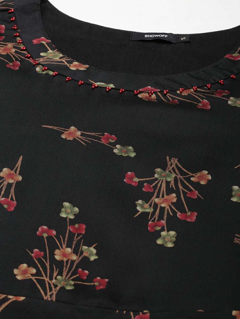 women black round neck floral a-line kurti - 20251199 - Standard Image - 7