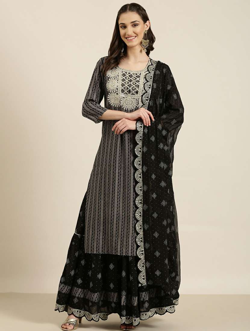 women black printed kurta skirt set with dupatta